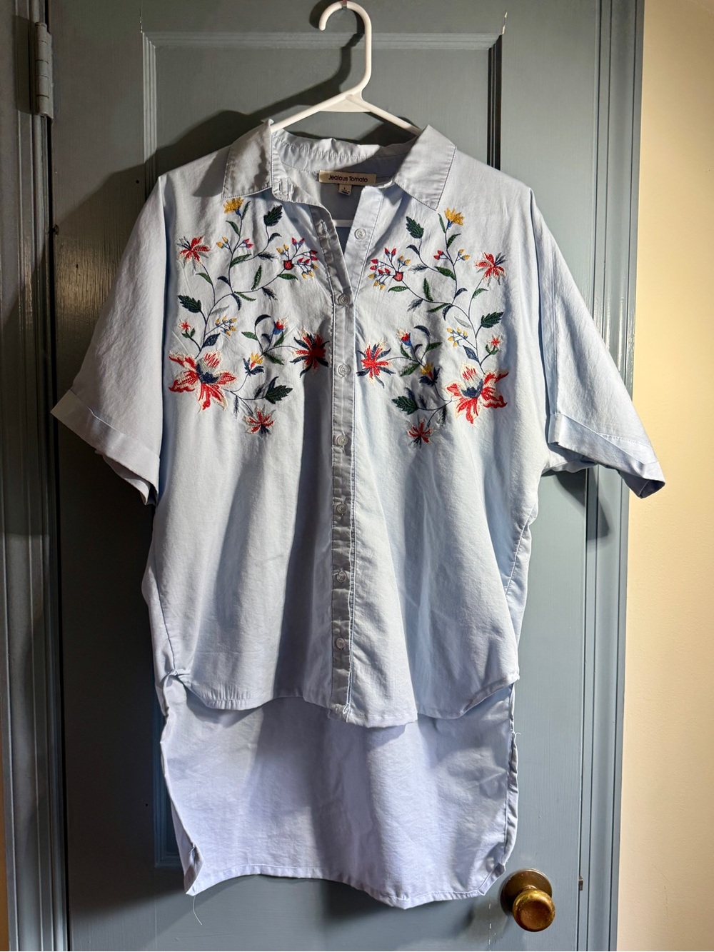 Jealous Tomato Light Blue Short-Sleeve Button-Down with Floral Embroidery